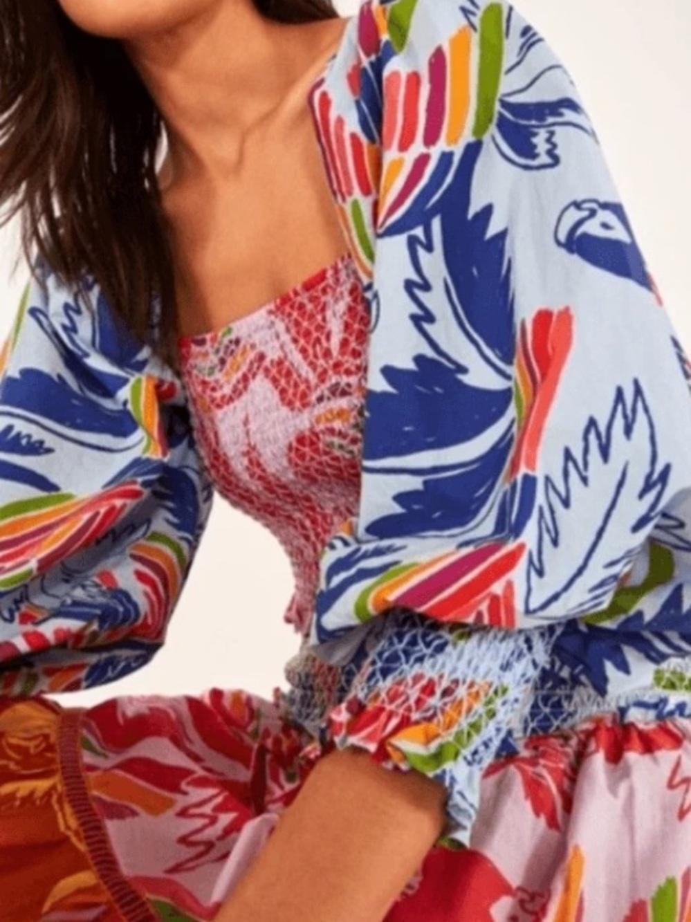 FARM Rio Blue Multi Floral Puff-Sleeve Blouse
